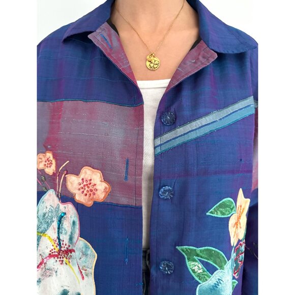 90s vintage blue shiny floral embroidered patchwork light silk button up jacket - Picture 8 of 10